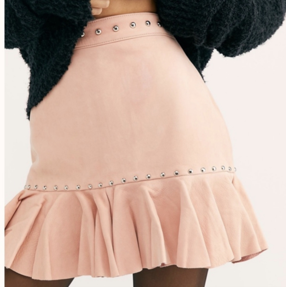 Understated Leather Studded Flare Ruffle Mini Skirt XS